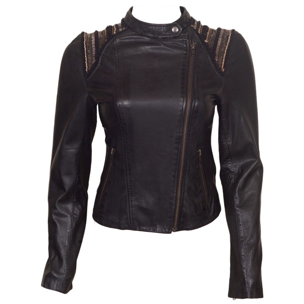 WOMEN'S BLACK JEWELED MOTO LEATHER JACKET